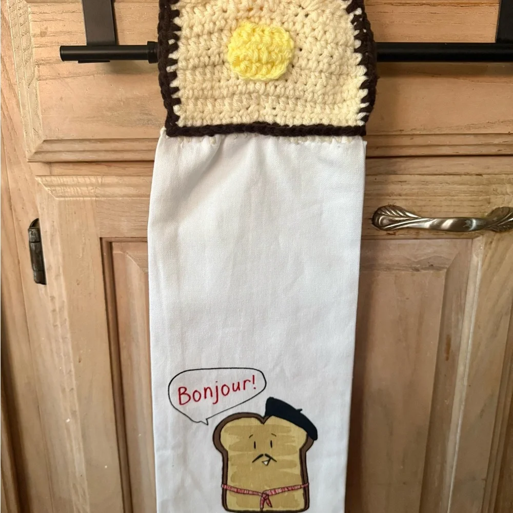 Handmade Crochet Bread & Butter Hanging Kitchen Towel - French Toast 